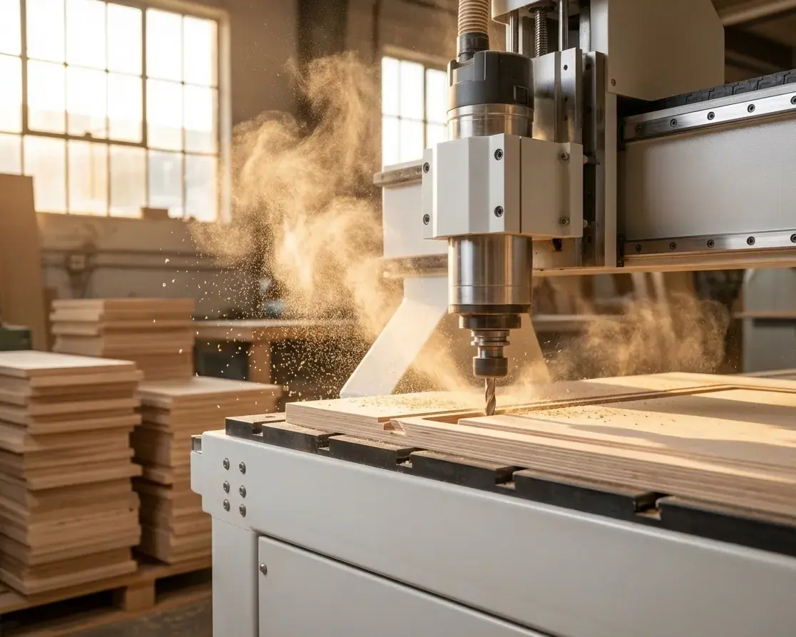 Professional CNC millwork equipment cutting custom cabinet components for Calgary contractors - Rocky Mountain Millwork precision manufacturing facility